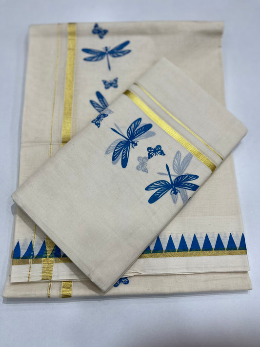 Thumbi ( Dragonfly) Printed Set Mundu