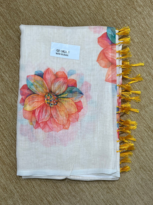 Linen Floral Print  Saree
